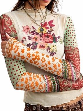 Floral Patchwork Long Sleeve Tee - Cream/Multi